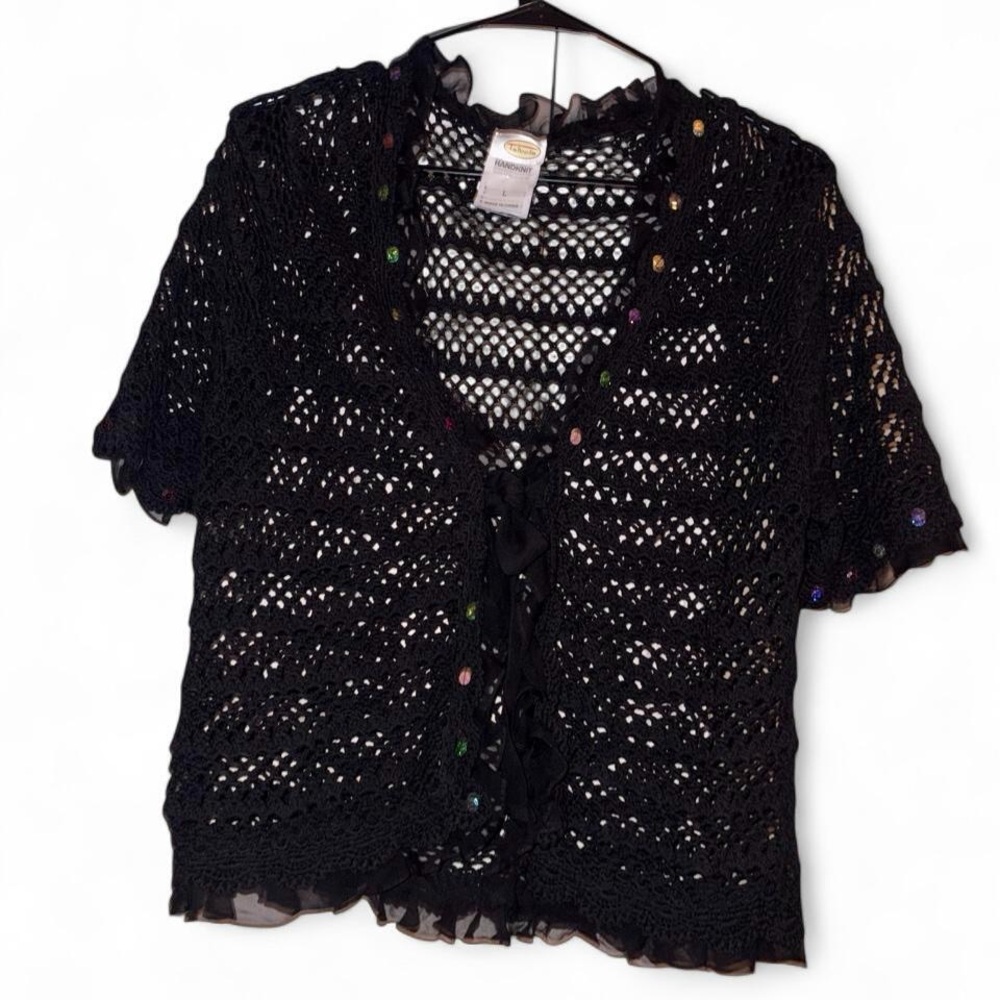 Talbots Black Cotton Hand Crochet ShortSleeve Silk TieFront Sequin Cardigan Sz L